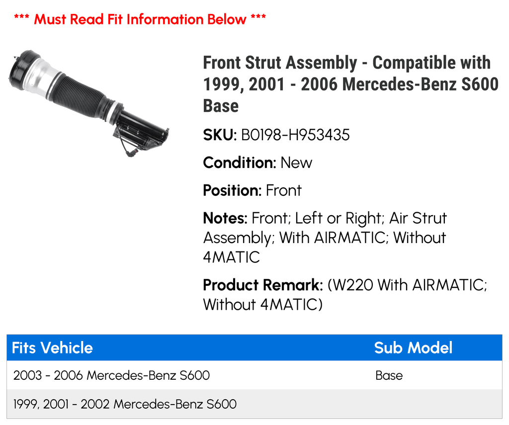 Front Strut Assembly - suitable with 1999, 2001 - 2006 Mercedes-Benz S600 Base 2002 2003 2004 2005