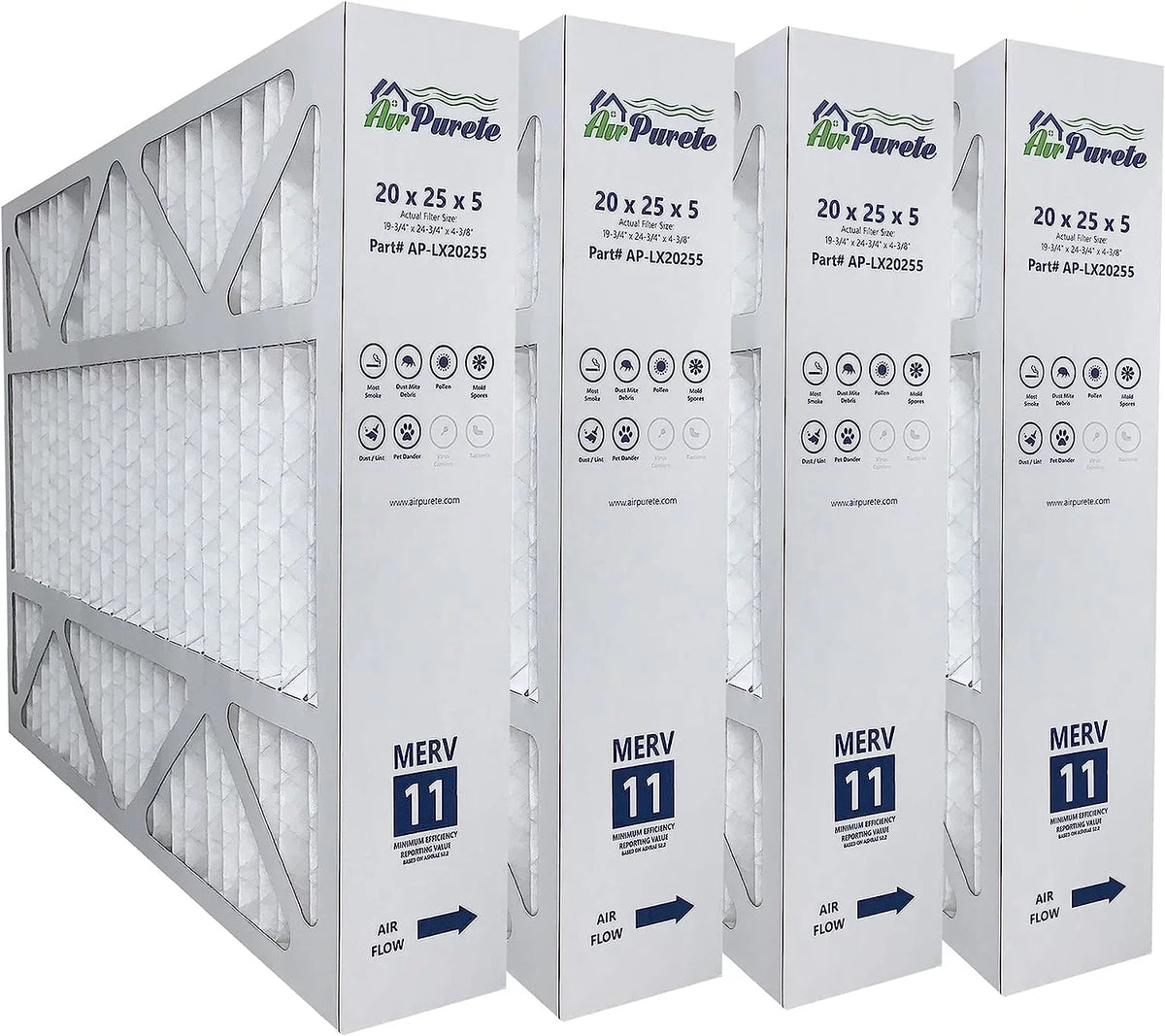 AirPurete Furnace Filters AP-LX20255 | Actual size : 19-3/4" x 24-3/4" x 4-3/8" | Nominal size : 20x25x5 | PACK OF 4 FILTERS | Replacement for Lennox X6673, X6675, 19L17
