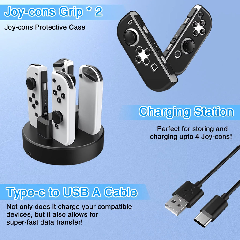HEYSTOP Switch OLED Accessories for Nintendo Switch OLED Case Bundle,27 in 1 Carry Case for Switch OLED with Protective protector,Grip wrap,Screen Protector,Game Cards Case,Grip Charge Dock, Black