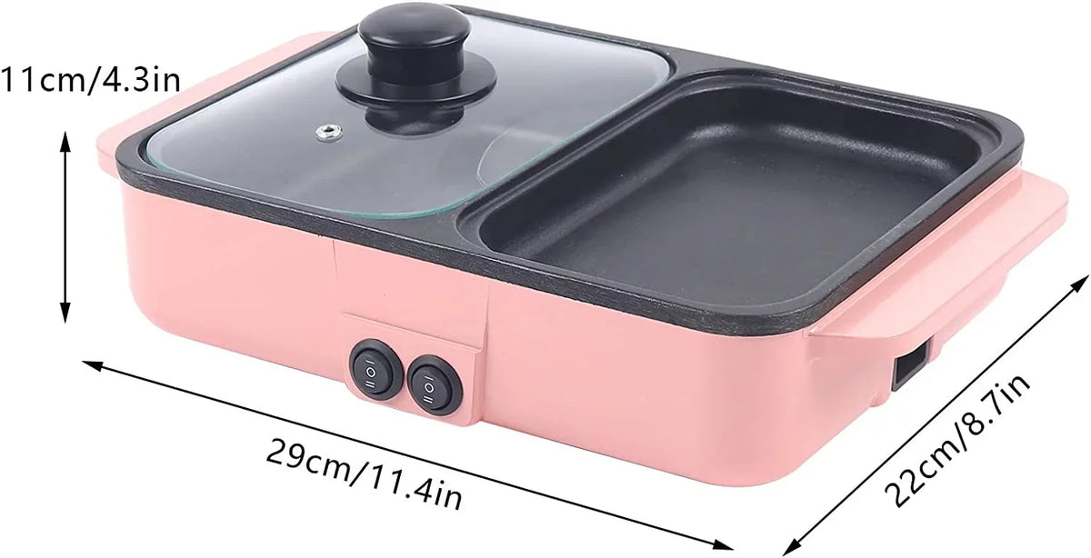 MONIPA 2 in 1 Portable Electric Hot Pot Barbecue Grill Barbecue Hotpot Pan, Non-Stick Stainless Steel Pan (Pink)