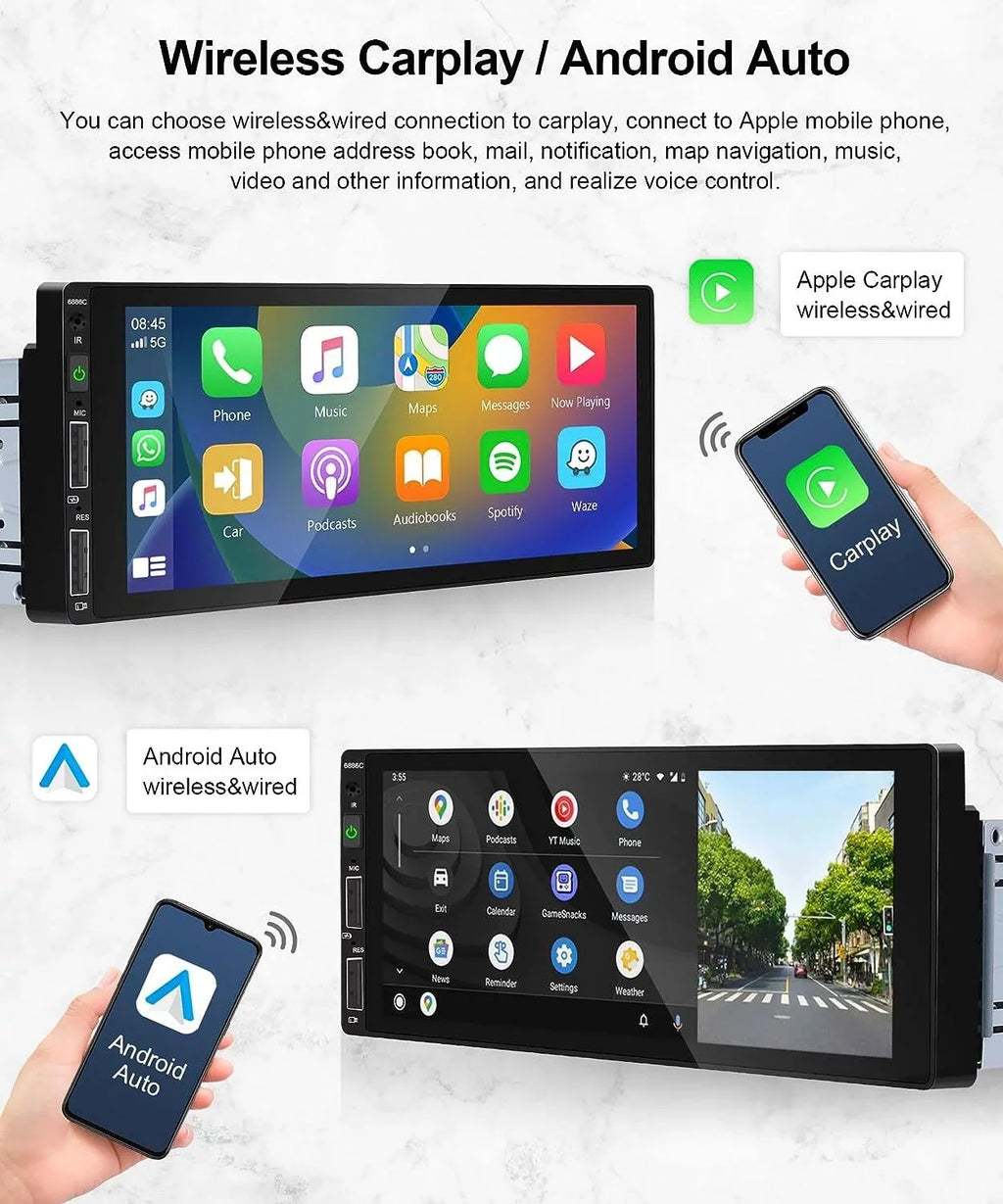Podofo Single 1 Din 6.86'' HD Touchscreen Car Stereo Radio Wireless Carplay Android Auto Mirror Link Car MP5 Multimedia Player Bluetooth FM Receiver Audio USB,with Mic&Backup Camera