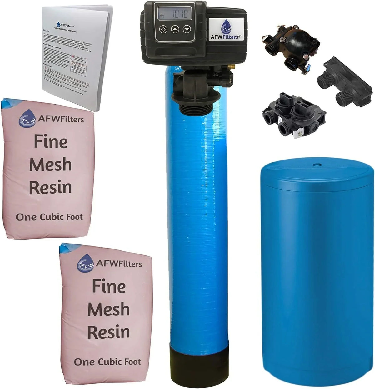 AFWFilters 2 cubic Foot 64k Whole Home Iron Pro aqua Softener with Fine Mesh Resin, 3/4" Plastic MNPT Connection, and Blue Tanks