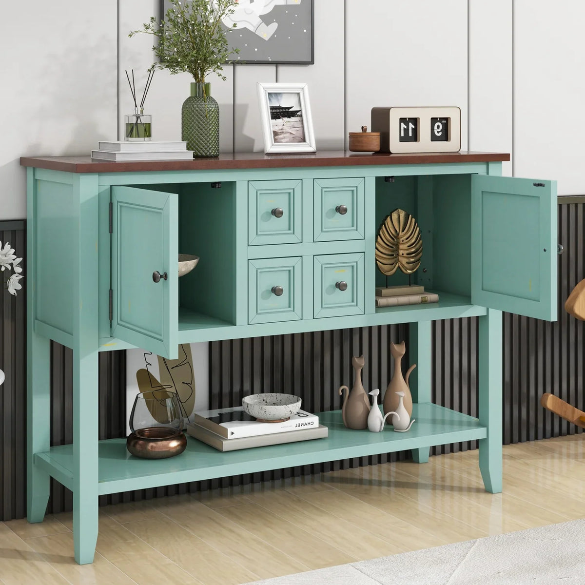 TREXM Cambridge Series Ample Storage Vintage Console Table with Four Small Drawers and Bottom Shelf for Living Rooms  Entrances and Kitchens (Lime White  OLD SKU  WF190263AAK)