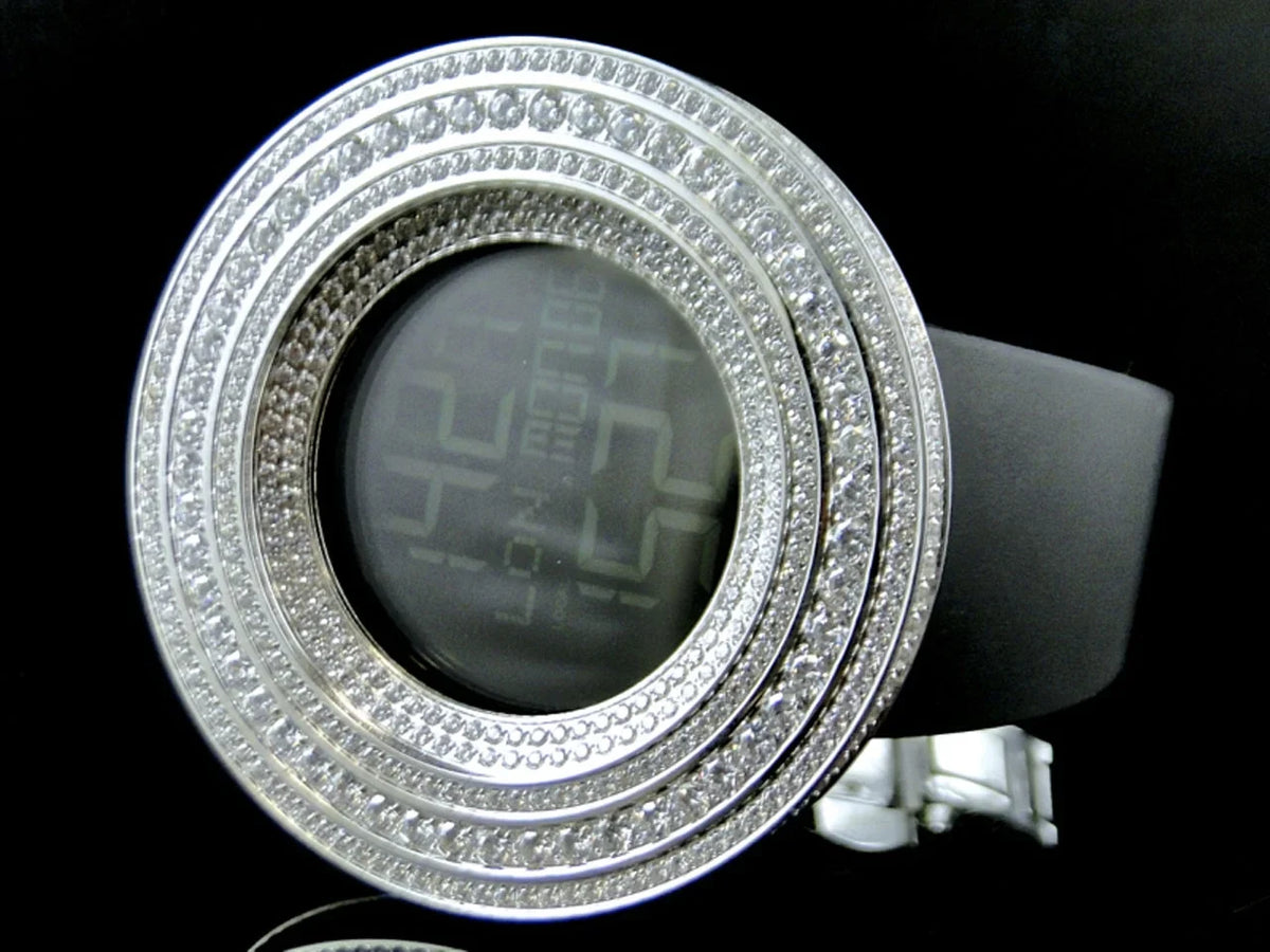 Mens Simulated Diamond Designer Watch In White Gold Finish (Exclusive Bezel)