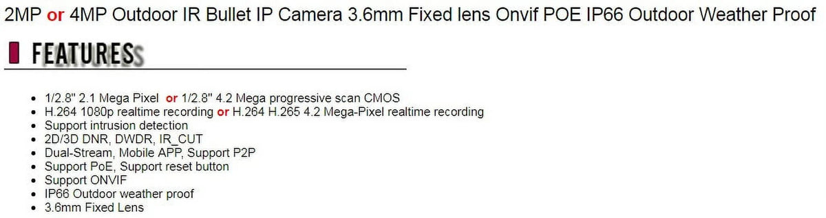 CCTV Eyemax 4MP Outdoor IR Bullet IP Security Camera 3.6mm Fixed lens Onvif POE IP66 Outdoor atmospheric conditions Proof