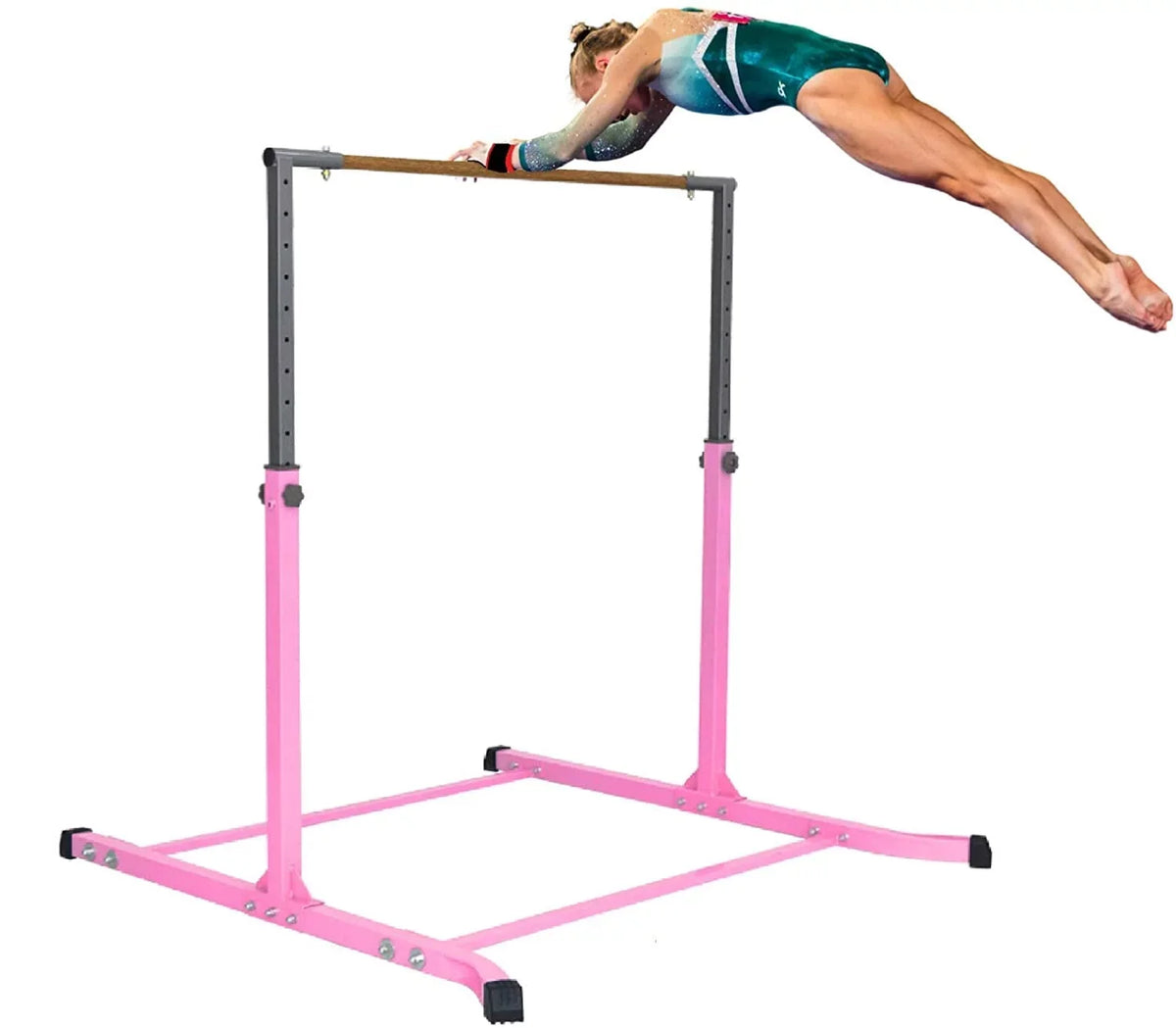 Pro-Gymnastics Expandable Gymnastics Kip Bar Horizontal Bar Junior Gymnastic Training High Bar Asymmetric Bar 13 Level Height Adjustable 3 to 5 FT Cushioned Bar & Curved Legs (Pink)