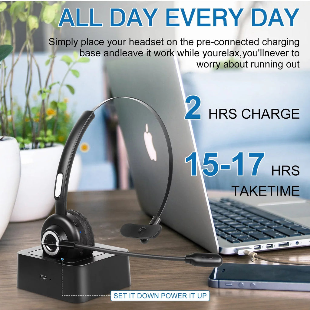 Comfortable Bluetooth Headset, UX-M97 Wireless Headset with Microphone, Wireless Cell Phone Headset with Noise Isolation Mic Charging Base Mute Function for BLU C6 With Charging Dock