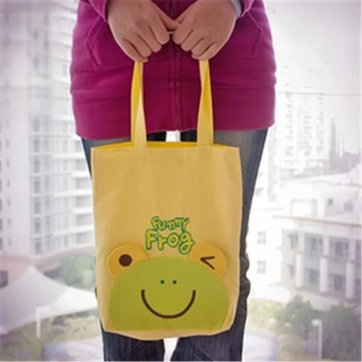 Funny Frog - Embroidered Applique Kids Fabric Art Kids Tote Bag & Shopper Bag. HQ-36-FROG 9.5 x 10.6 x 2.1 in