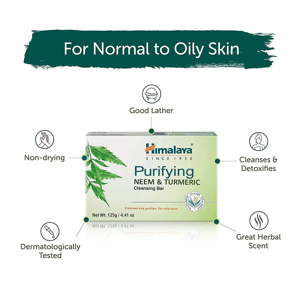 Himalaya Purifying Neem & Turmeric Cleansing Bar for Clean and Healthy Looking Skin, Free from Parabens, SLS and Phthalates, Gluten Free, Vegan, 125 g (4.41 oz), 6 Pack Neem & Turmeric 4.41 Ounce (Pack of 6)