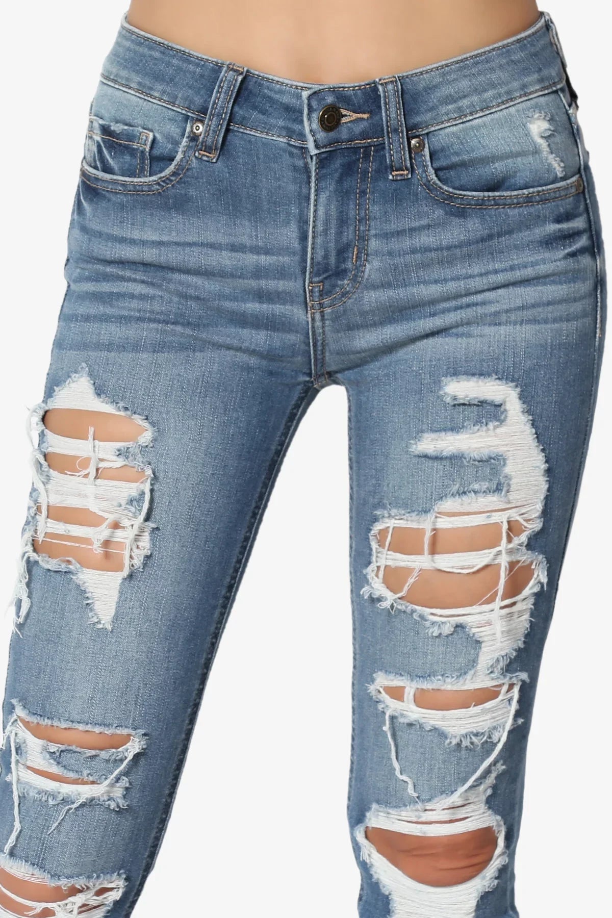 TheMogan Women's Distressed Ripped Mid Rise Stretch Perfect Skinny Jeans in Deep MD