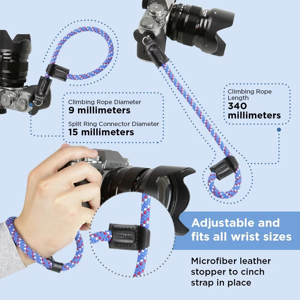 Foto&Tech Climbing Rope Camera Wrist Strap Quick Release Made in US suitable with  A6600 A6500 A6400 A6000 A6300 A6100 A5100 A5000,RX1 R,RX1 R II,RX10,RX10 II,RX10 III,RX10 IV (34cm,Red/Blue/WT)