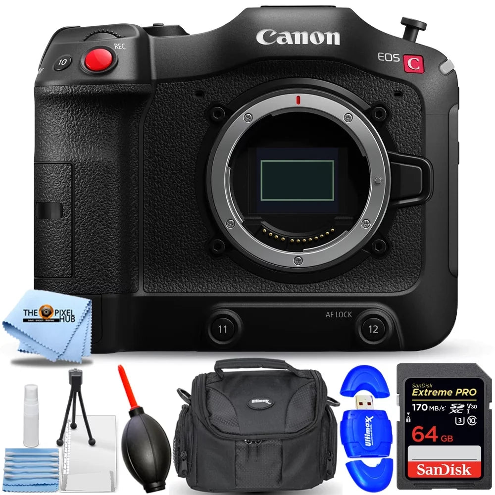 EOS C70 Cinema Camera (RF Lens Mount) 4507C002 - Essential Bundle Includes: Sandisk Extreme Pro 64GB SD, Memory Card Reader, Gadget Bag, Blower, Microfiber Cloth and Cleaning Kit