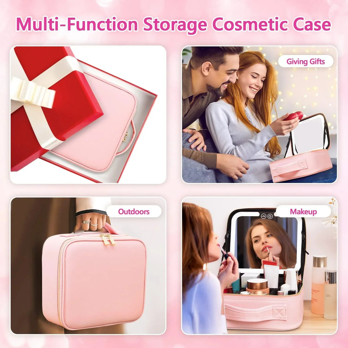 Aokur Travel Makeup Bag with Light and Mirror, 3 Color LED Light Travel Makeup Organizer for Women, Rechargeable Makeup Case Beauty Tools Accessories Ideal Gifts for Her, Pink