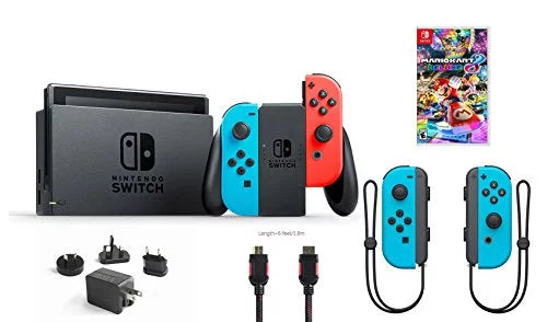 Nintendo Switch 6 items Bundle:Nintendo Switch 32GB Console Neon Red and Blue Joy-con,128GB Micro SD Card,Nintendo Wireless Controllers Neon Blue,Mario Kart 8 Deluxe,Mytrix HDMI Cable