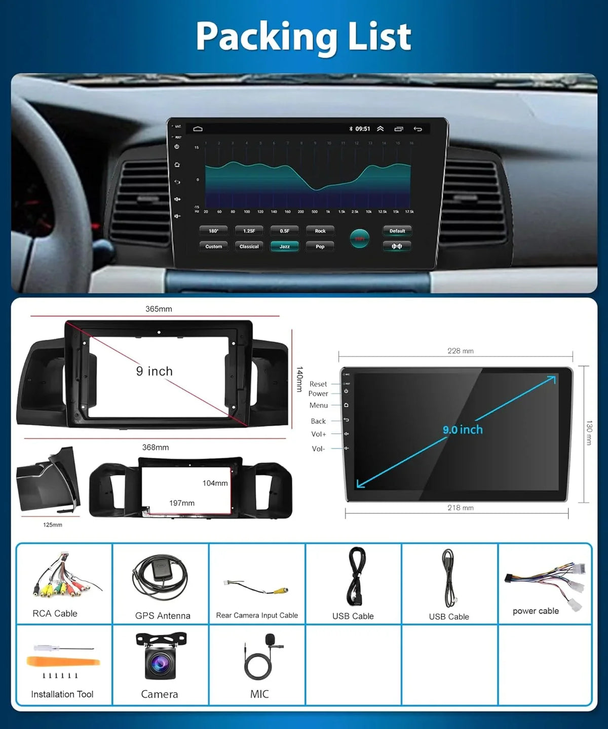 THONZER 1G+32G Android 9 Inch Car Stereo for  Corolla ex 2007-2012 with Wireless Carplay, Rimoody Touch Screen Car Radio Bluetooth GPS WiFi FM Mirror Link RCA USB SWC + Backup Camera