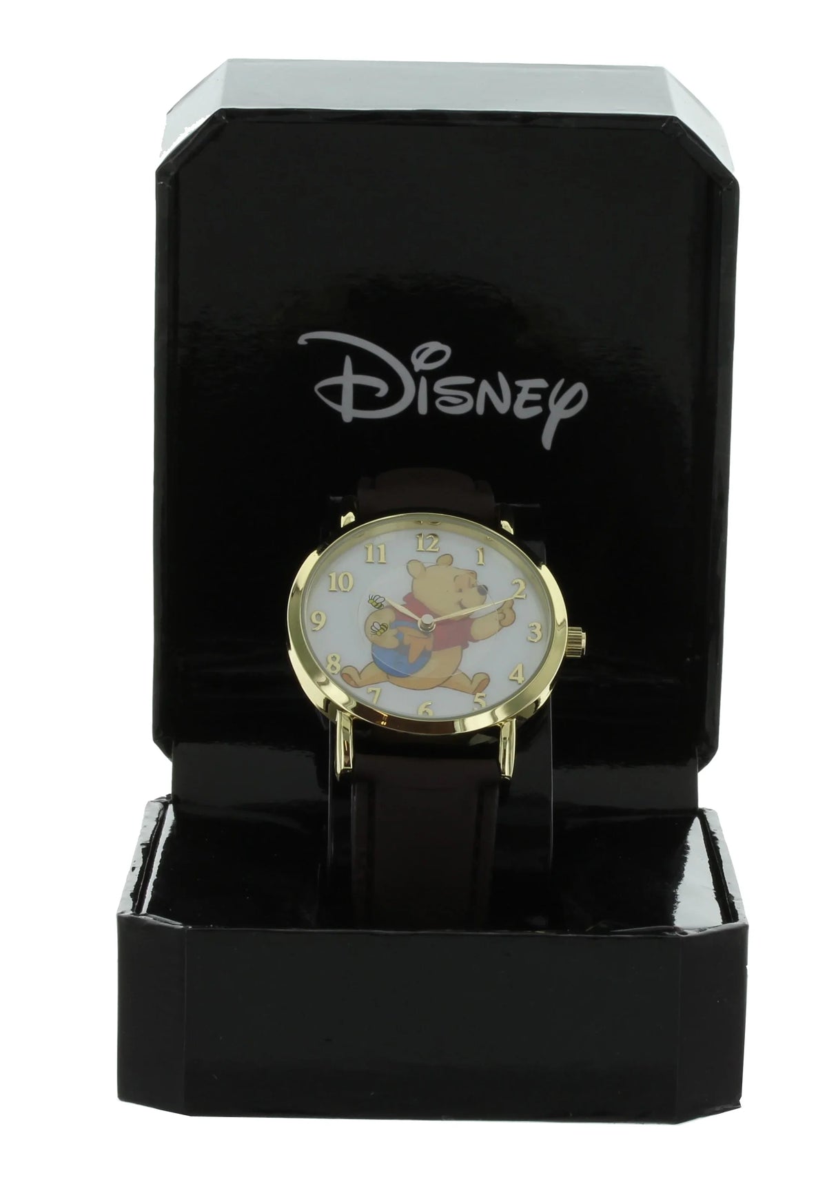 Disney Winnie The Pooh Rotating Bees Gold Tone Case With Brown Leather Band Analog Watch WP5003