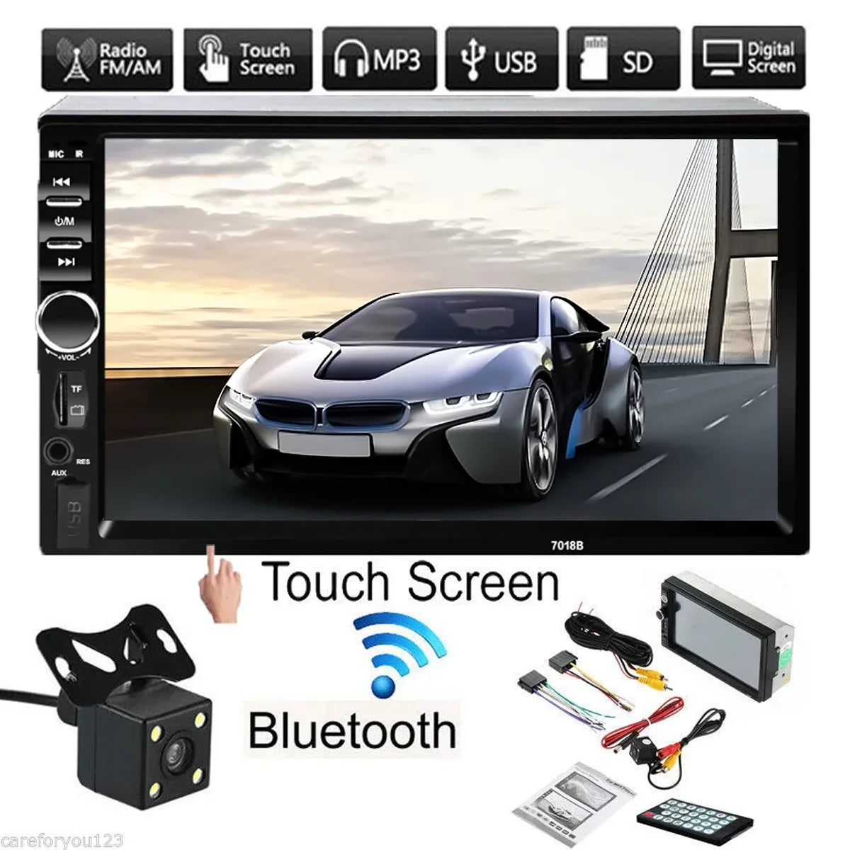 Car Radio Double Din Car Stereo 7" LCD Touch Screen in-Dash Head Unit with Bluetooth Support Mirror Link/DVR/USB/FM/SD/MIC MP3 +Rear View Camera& Remote Control