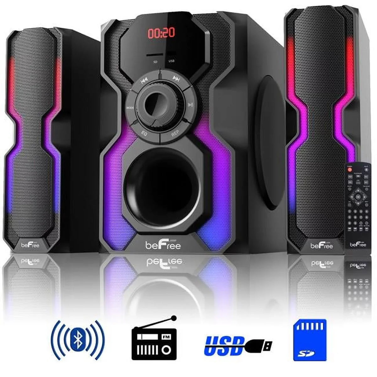 BeFree Sound  2.1 Channel Bluetooth Multimedia Wired Speaker Shelf Stereo System with Reactive LED Lights, FM Radio, USB & SD Inputs, 6 ohm - Black & Silver