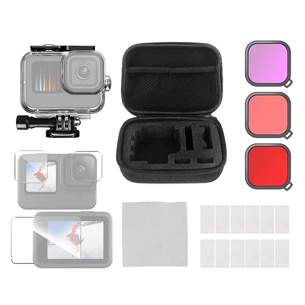 Andoer Sport Camera Waterproof Case 35M Protective Underwater Housing Shell with Storage Case Tempered Glass Lens Protectors Color Filters Replacement for Hero10 9 Surfing Snorkeling D
