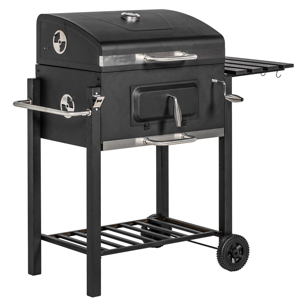 Homiyad Charcoal BBQ Grill, Outdoor Portable Cooker for Camping Or Backyard Picnic with Side Table, Bottom Storage Shelf, Wheels and Handle, Black